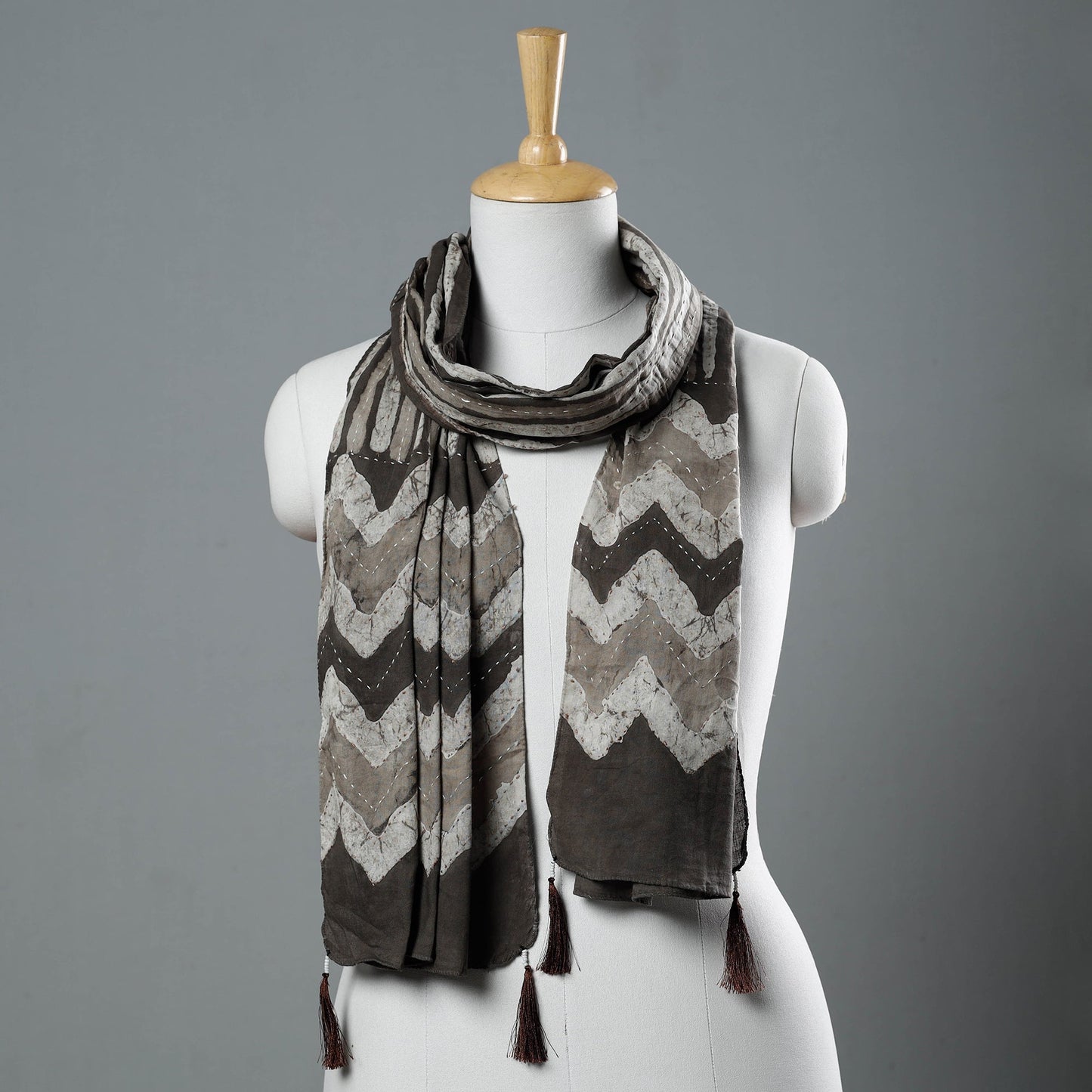  Bagru Block Printed Tagai Work Cotton Stole with Tassels 