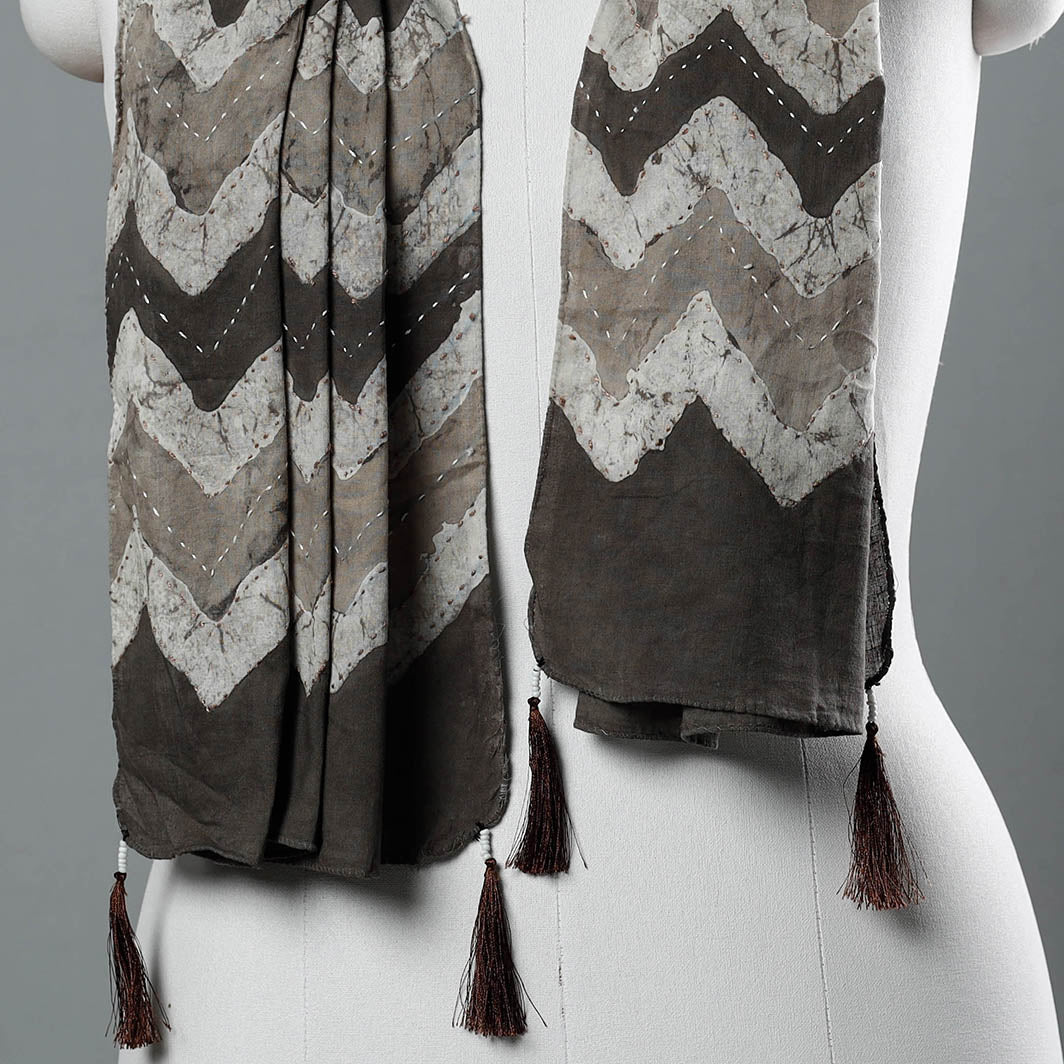  Bagru Block Printed Tagai Work Cotton Stole with Tassels 