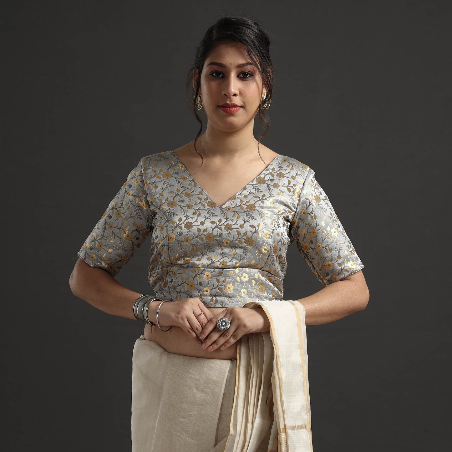 Grey - banarasi brocade semi kinkhab weave silk stitched