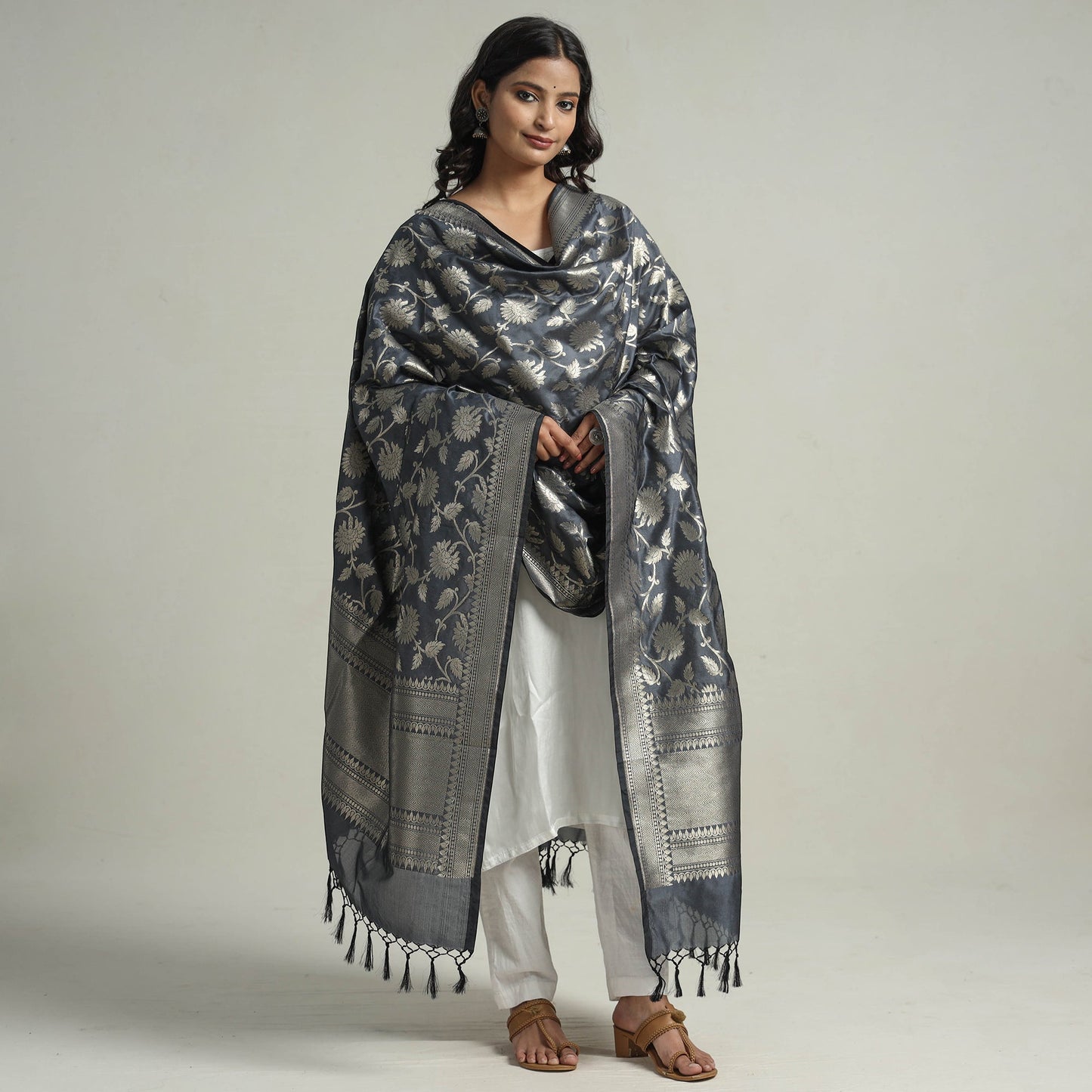  Banarasi Semi Silk Zari Jaal Dupatta with Tassels 10 