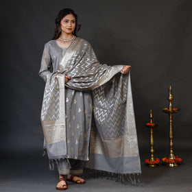Grey Banarasi Silk Cotton Kurta with Palazzo & Dupatta Set