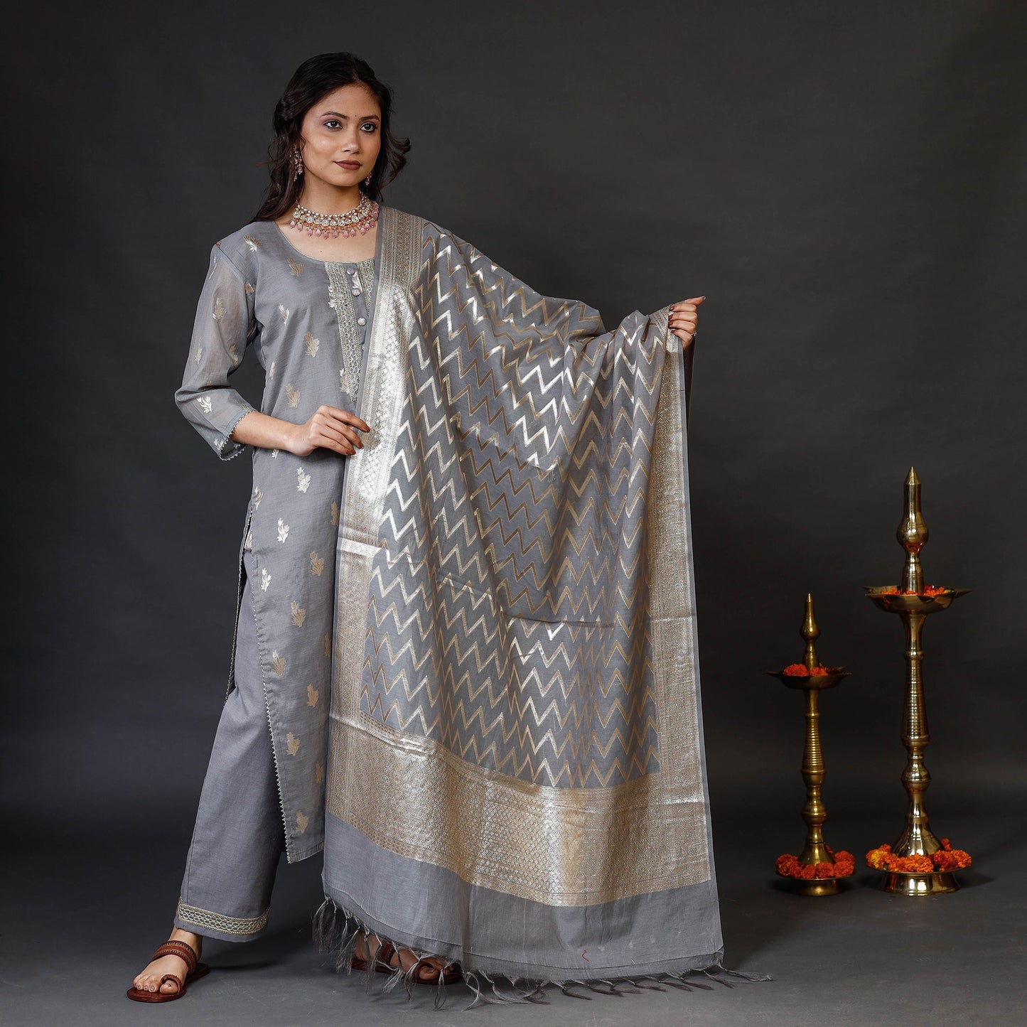 Grey Banarasi Silk Cotton Kurta with Palazzo & Dupatta Set