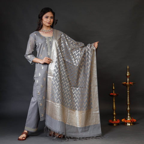 Grey Banarasi Silk Cotton Kurta with Palazzo & Dupatta Set