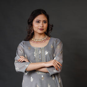 Grey Banarasi Silk Cotton Kurta with Palazzo & Dupatta Set