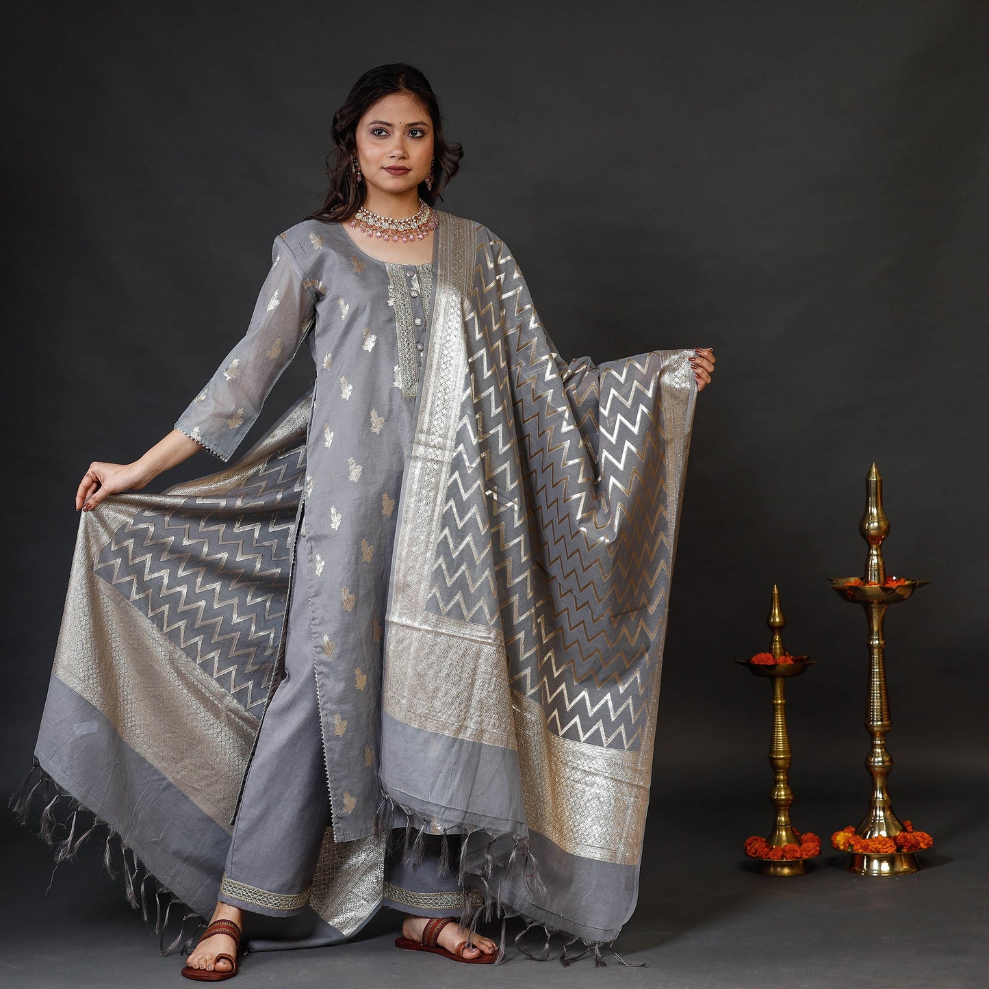 Grey Banarasi Silk Cotton Kurta with Palazzo & Dupatta Set