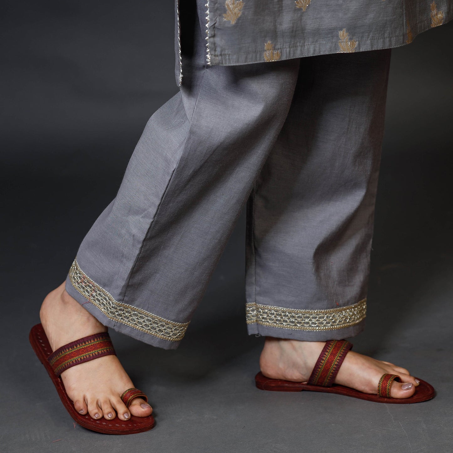 Grey Banarasi Silk Cotton Kurta with Palazzo & Dupatta Set