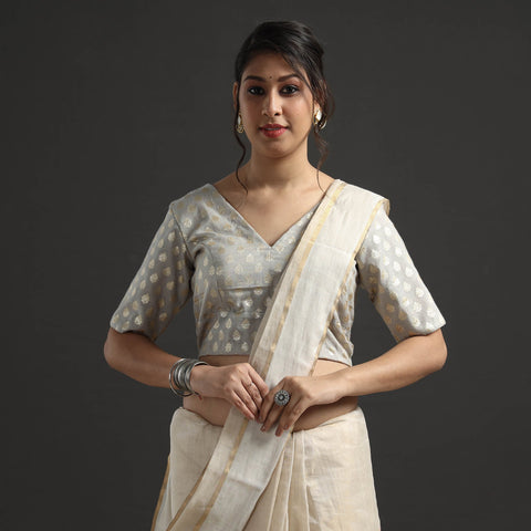 Buy Grey Banarasi Silk Zari Weave Stitched Blouse Online at iTokri.com