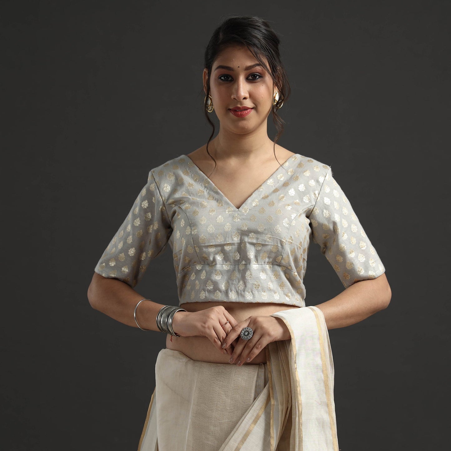 Buy Grey Banarasi Silk Zari Weave Stitched Blouse Online at iTokri.com