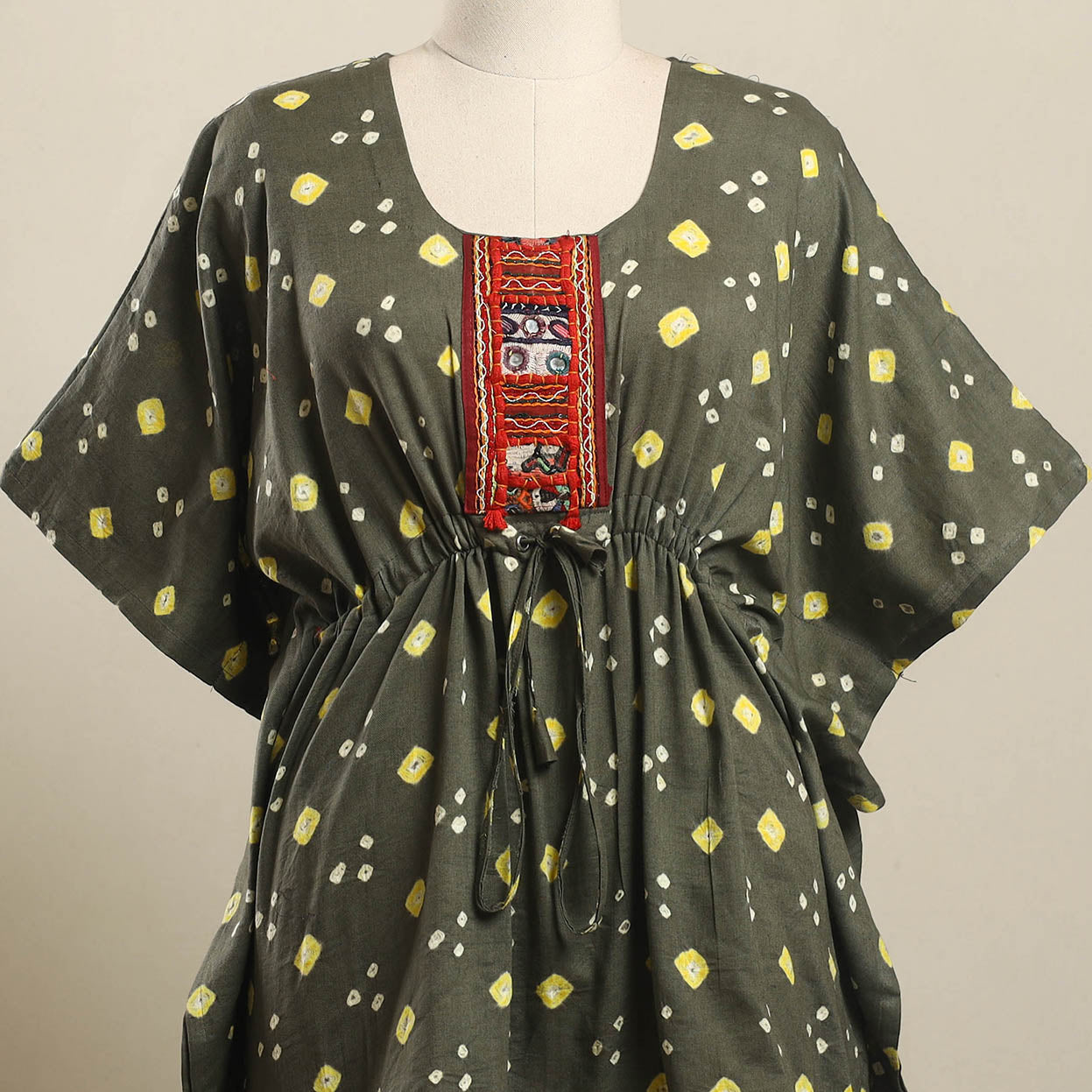 Buy Grey Bandhani Cotton Kaftan with Desert Thread Embroidery