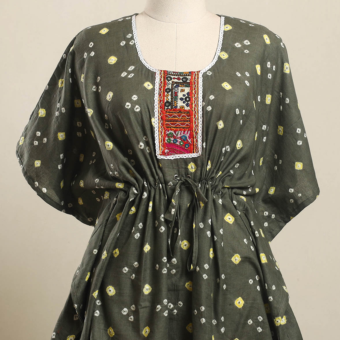 Buy Grey Bandhani Cotton Kaftan with Desert Thread Embroidery