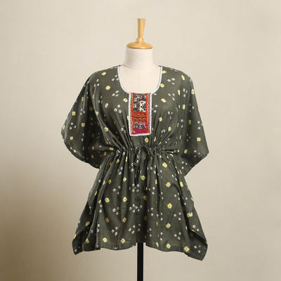 Buy Grey Bandhani Cotton Kaftan with Desert Thread Embroidery