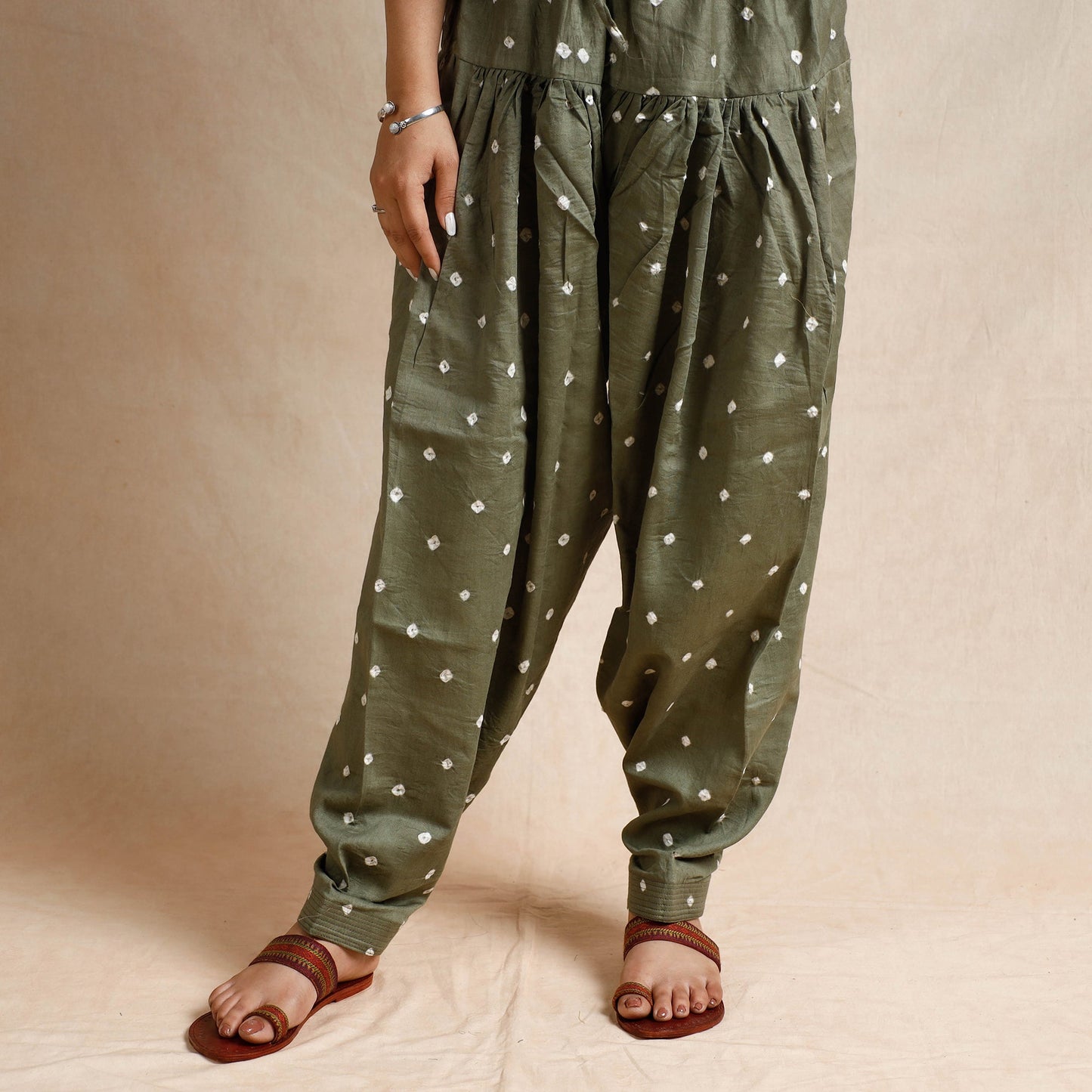 Grey - bandhani cotton kurta with salwar & dupatta set