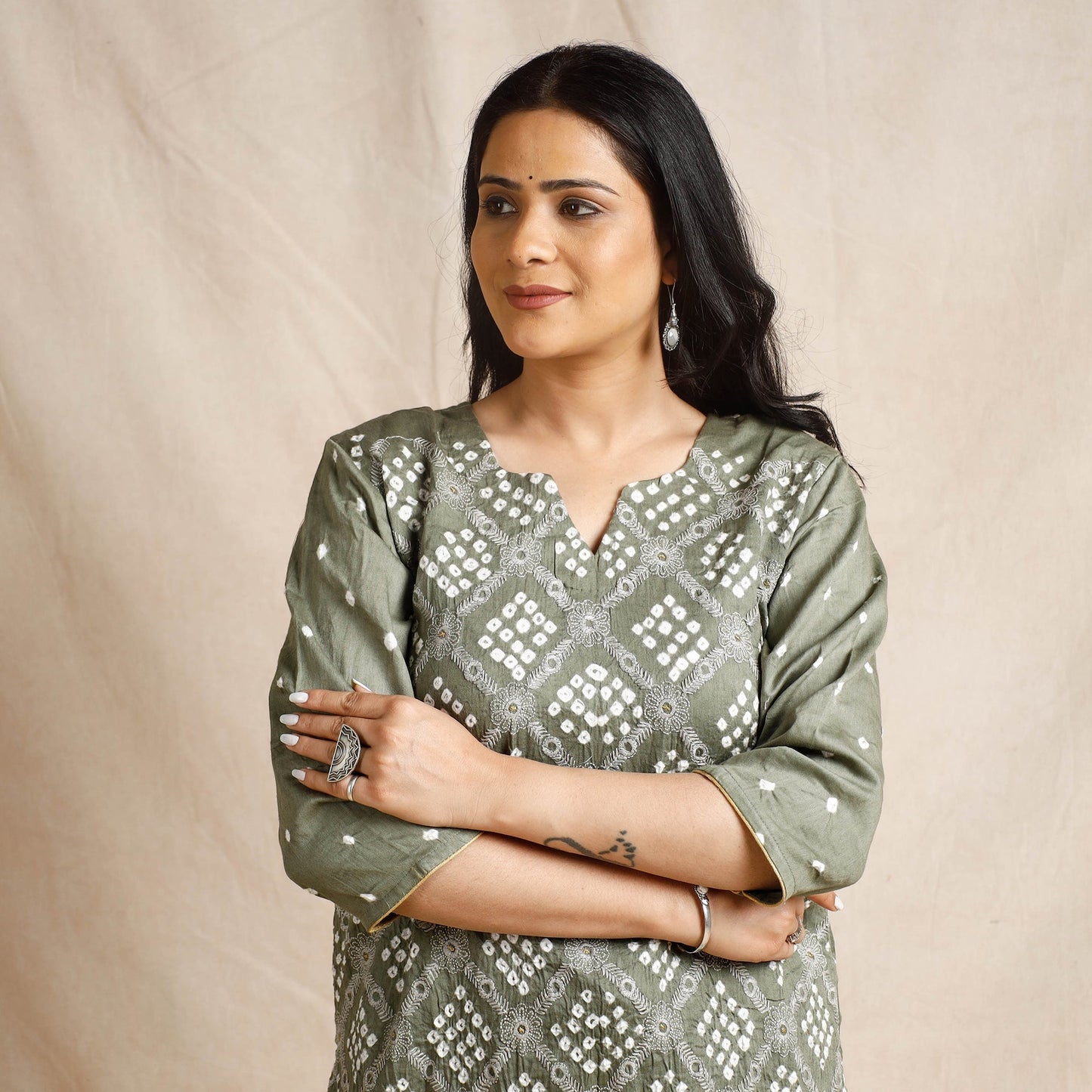 Grey - bandhani cotton kurta with salwar & dupatta set