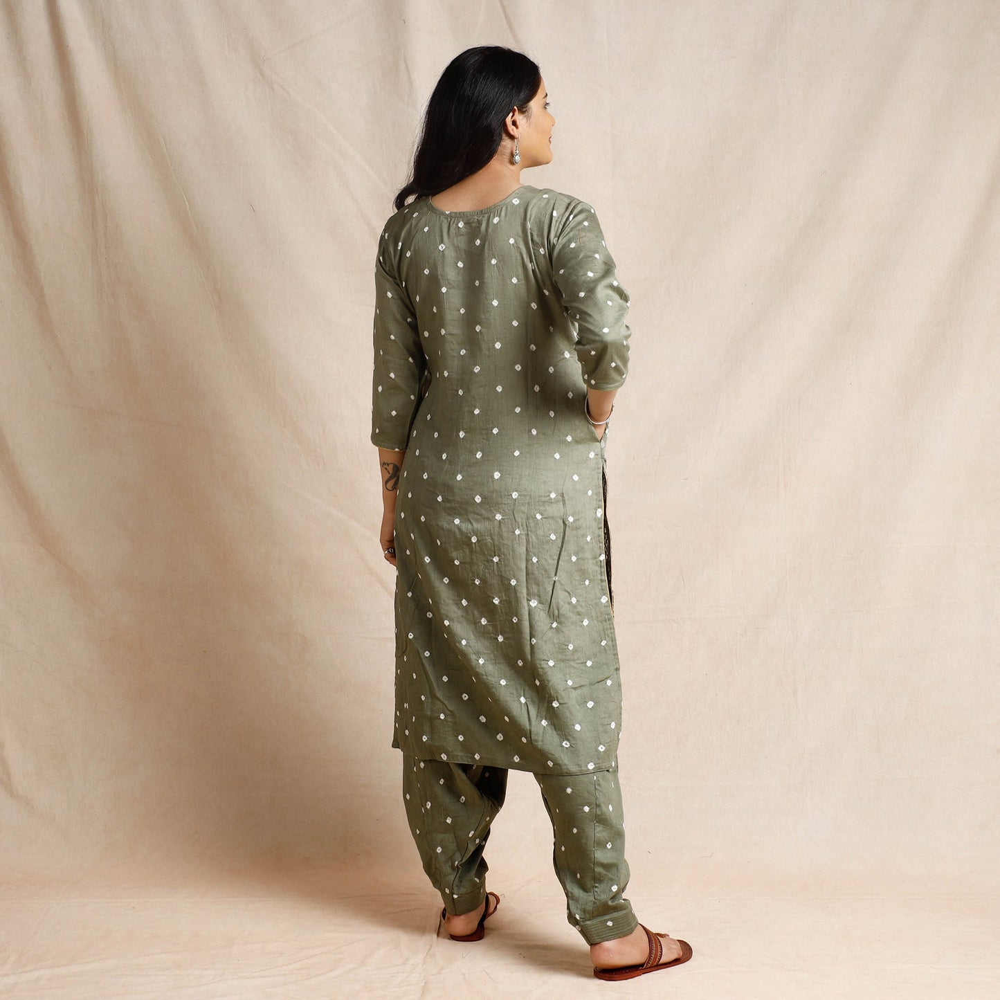 Grey - bandhani cotton kurta with salwar & dupatta set