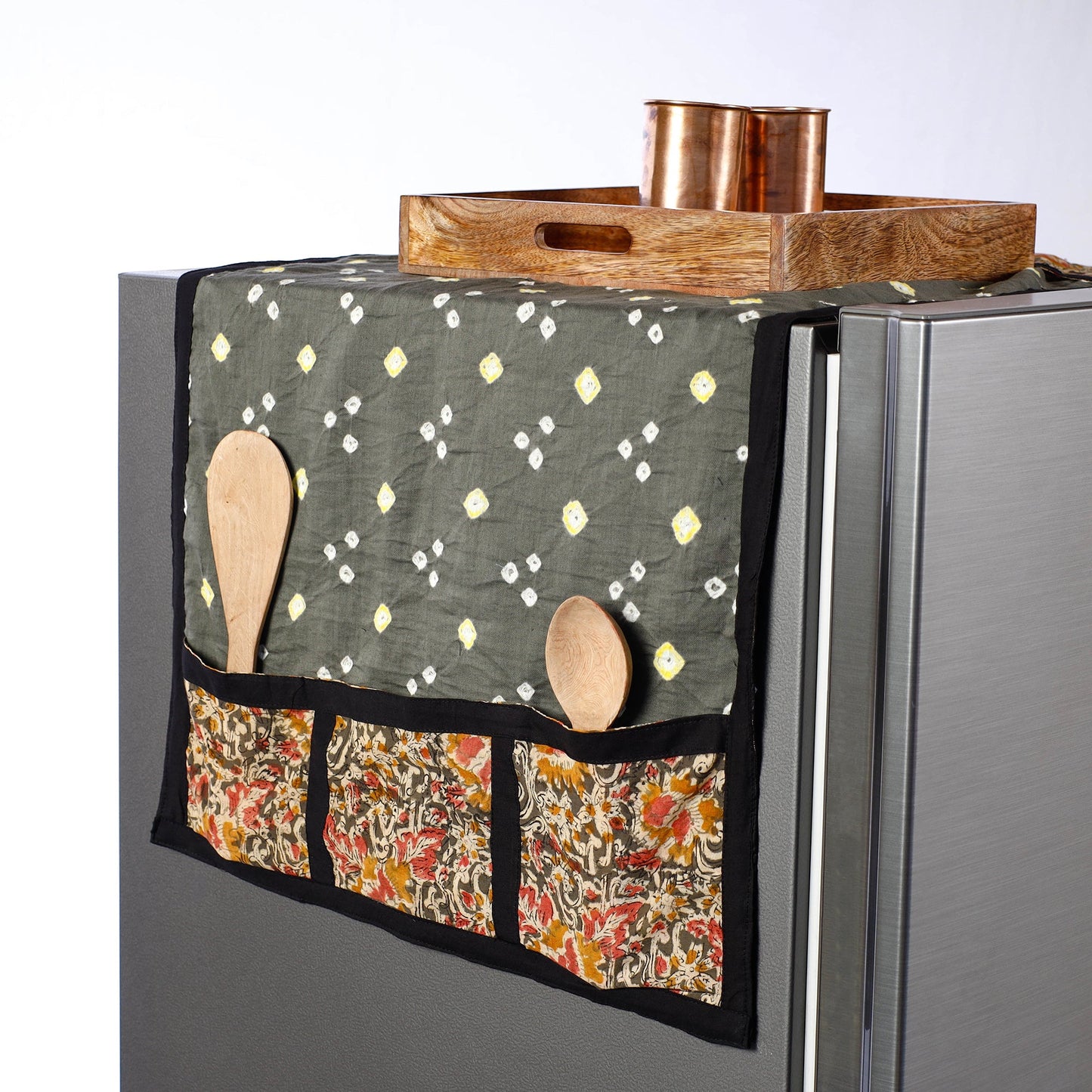 Grey Bandhani Tie Dye Cotton Fridge Top Cover with Pockets