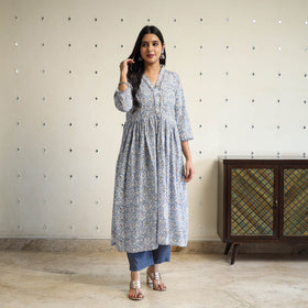 Buy Grey Beadwork Flared Cotton Block Print Sanganeri Kurta