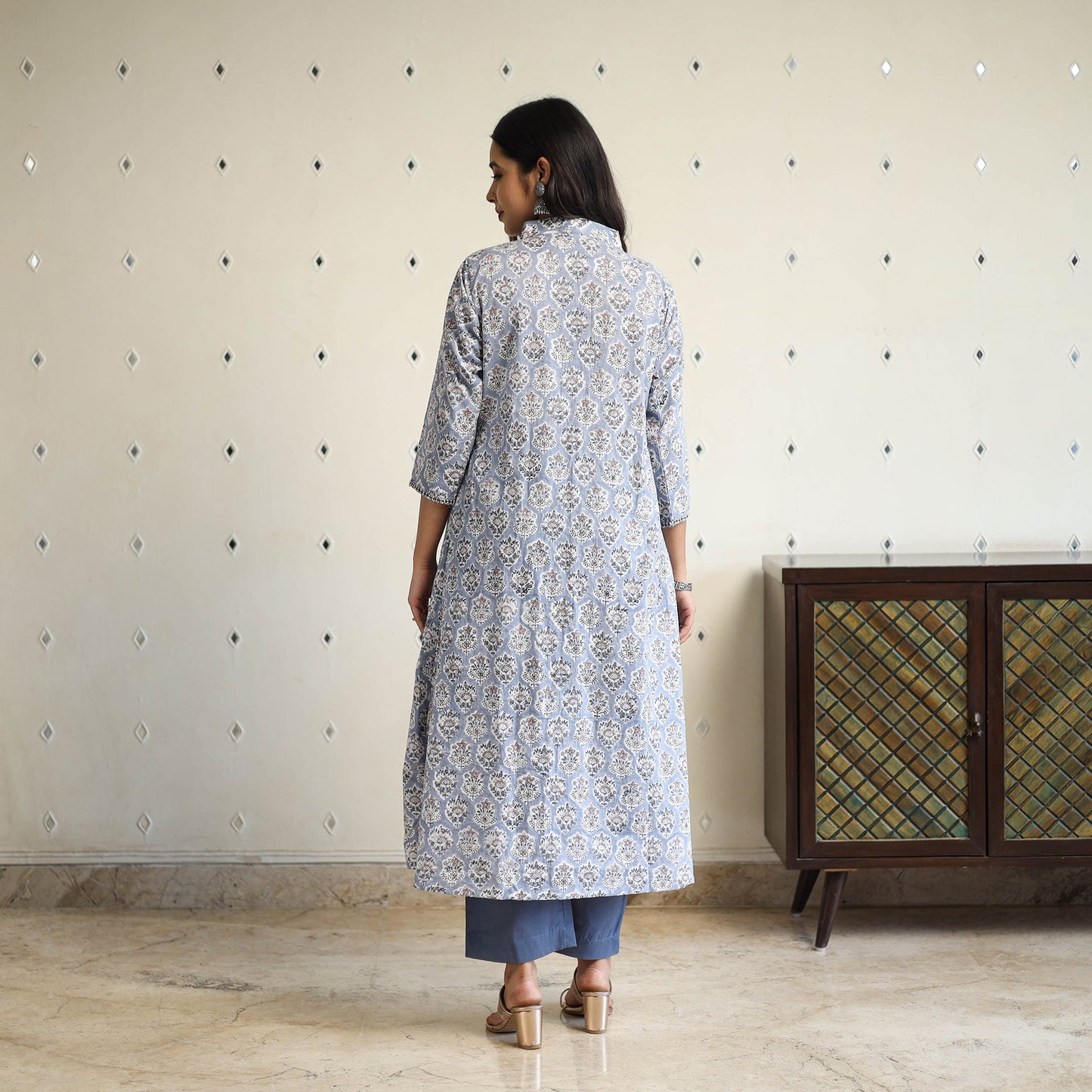 Buy Grey Beadwork Flared Cotton Block Print Sanganeri Kurta