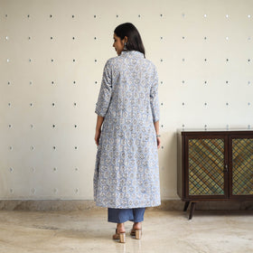 Buy Grey Beadwork Flared Cotton Block Print Sanganeri Kurta