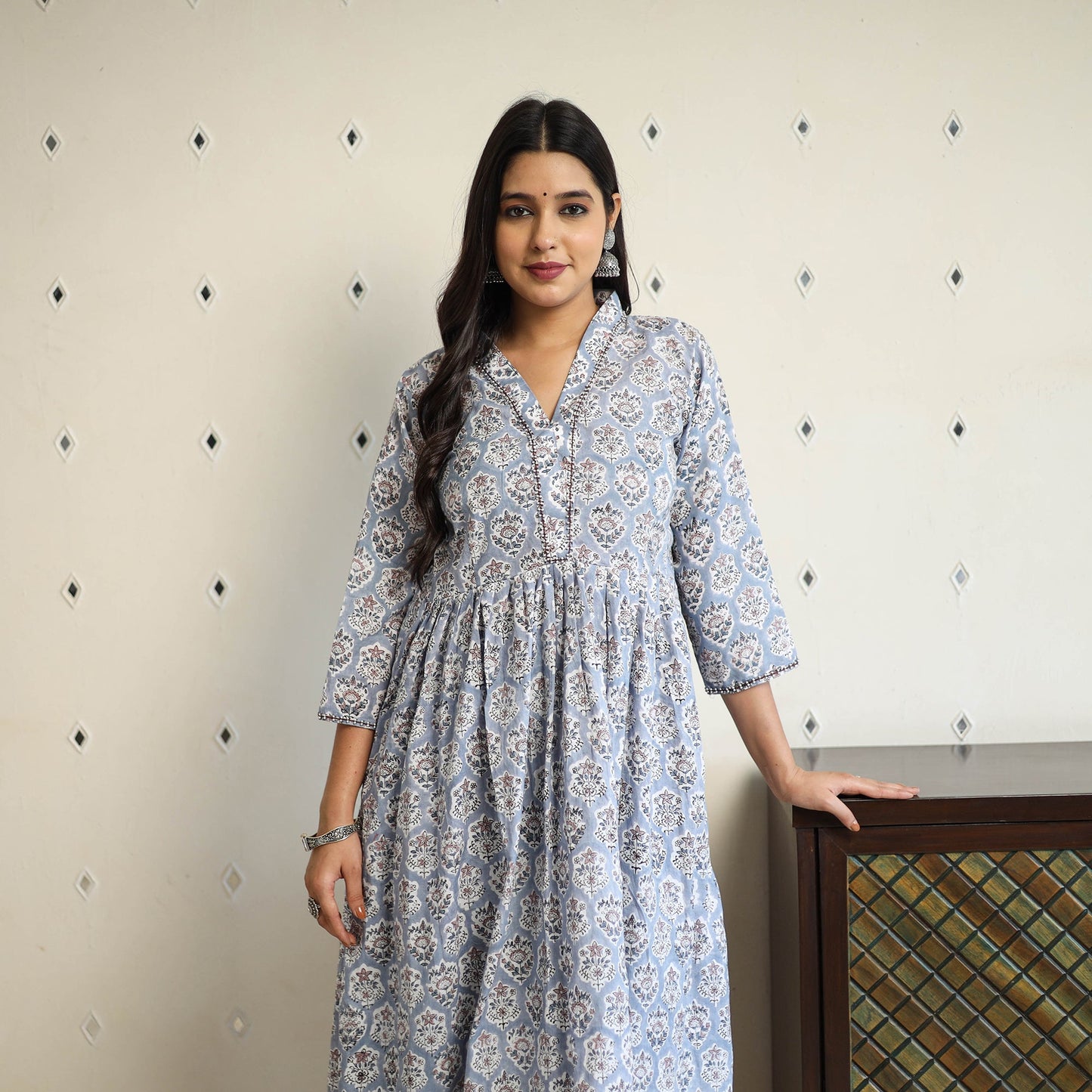 Buy Grey Beadwork Flared Cotton Block Print Sanganeri Kurta