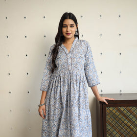 Buy Grey Beadwork Flared Cotton Block Print Sanganeri Kurta