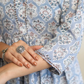 Buy Grey Beadwork Flared Cotton Block Print Sanganeri Kurta