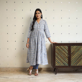 Buy Grey Beadwork Flared Cotton Block Print Sanganeri Kurta