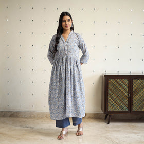 Buy Grey Beadwork Flared Cotton Block Print Sanganeri Kurta