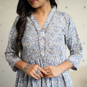 Buy Grey Beadwork Flared Cotton Block Print Sanganeri Kurta