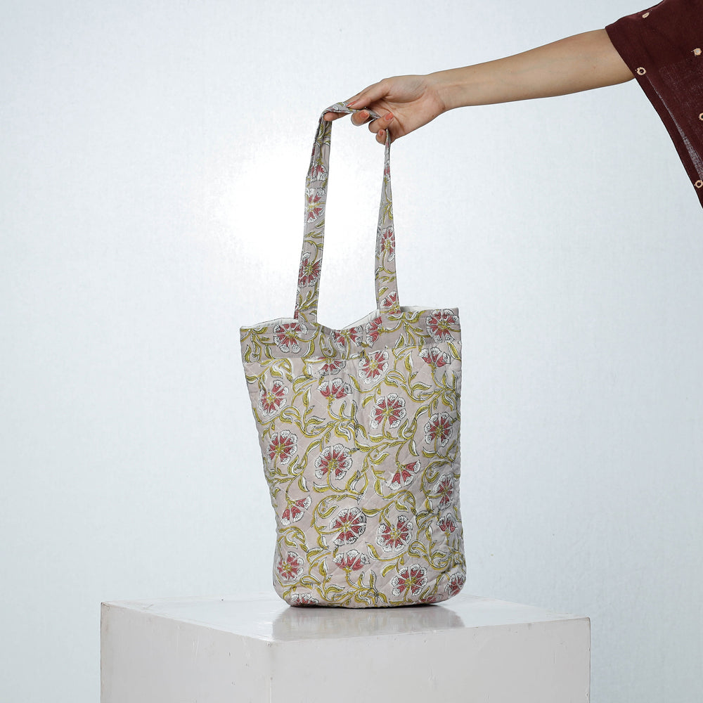 Grey - Handcrafted Quilted Sanganeri Block Printed Shoulder Bag