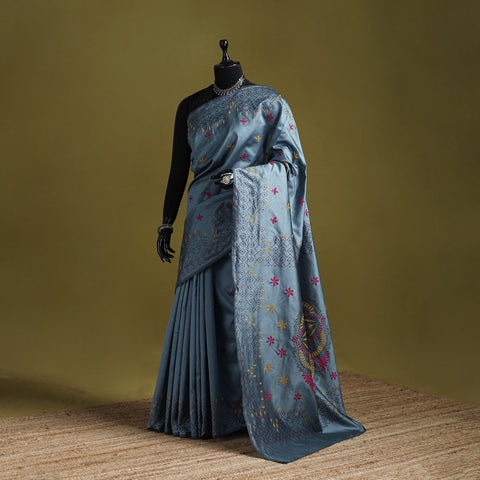 Bengal hand embroidered silk nakshi kantha saree 08