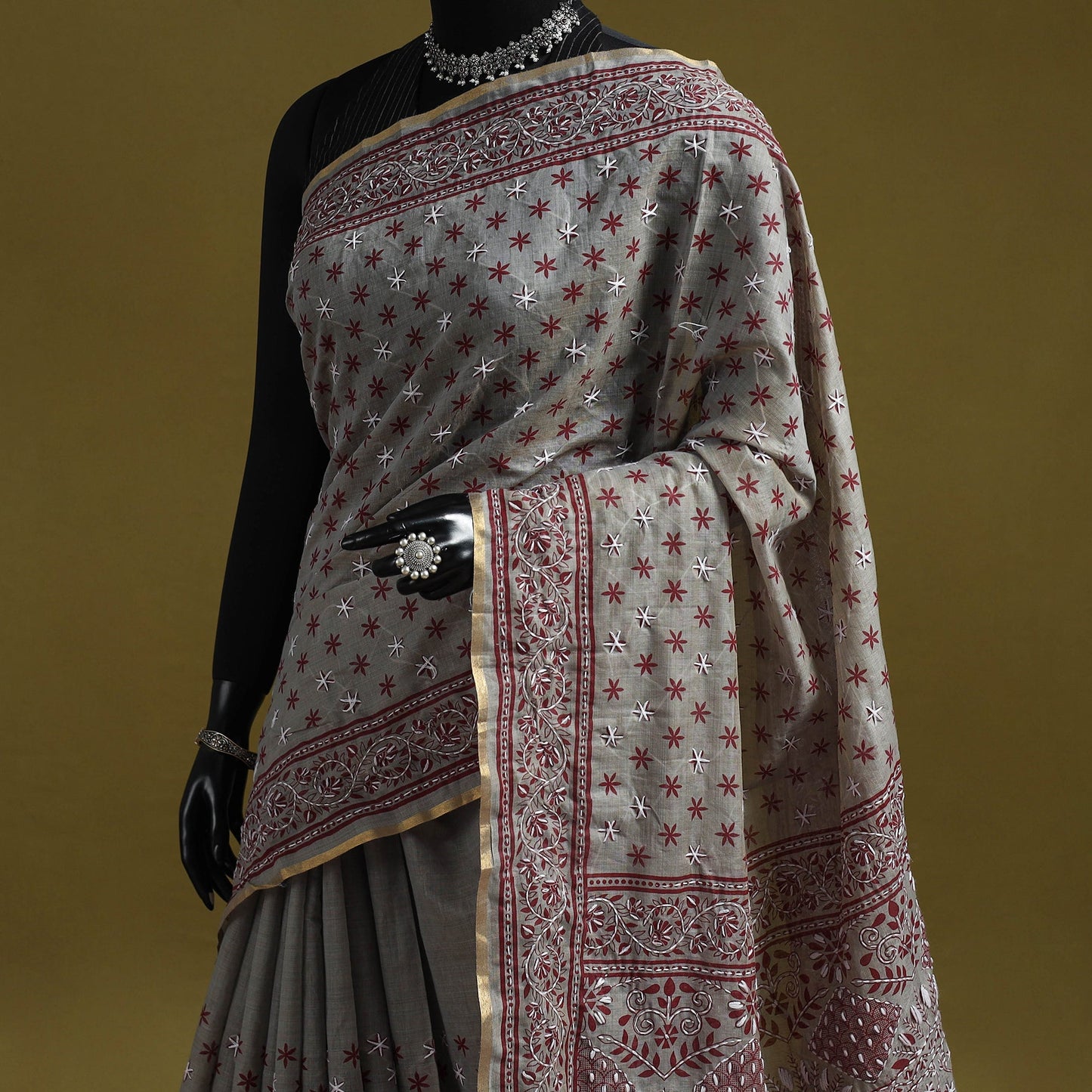 Bengal hand embroidery silk cotton kantha saree 02