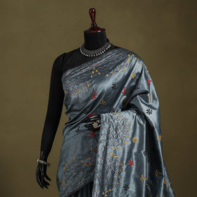 Grey - bengal hand embroidery silk nakshi kantha saree 34