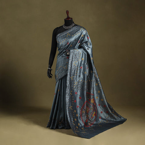 Grey - bengal hand embroidery silk nakshi kantha saree 34