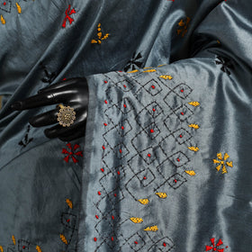 Grey - bengal hand embroidery silk nakshi kantha saree 34