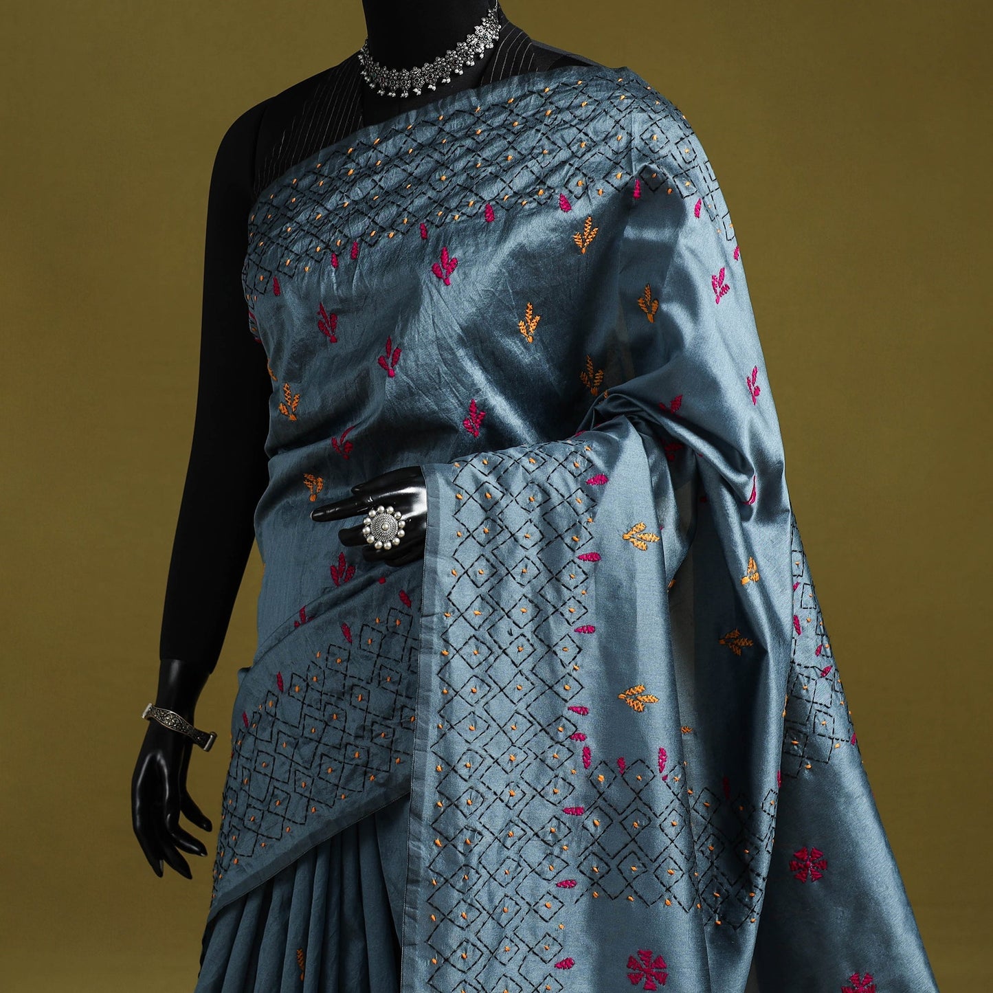 Bengal hand embroidery silk nakshi kantha saree 43