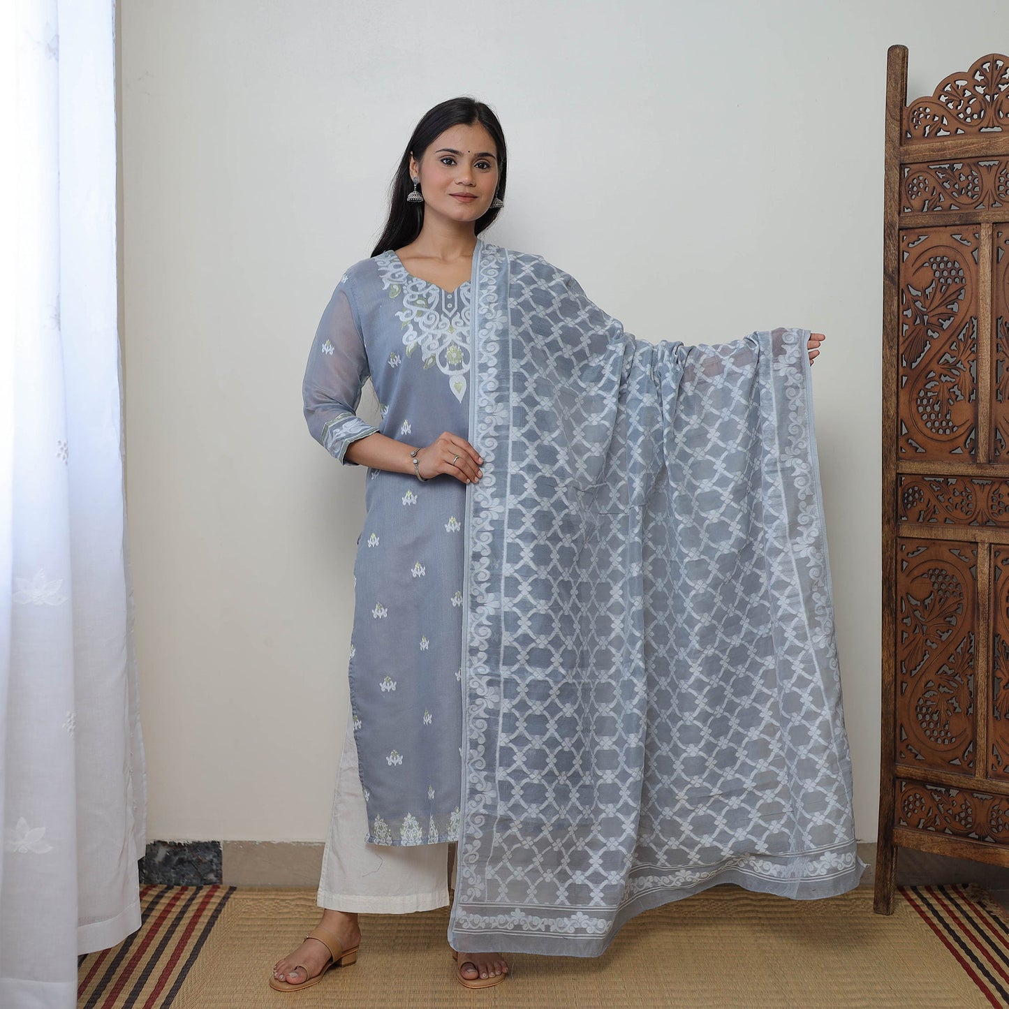  Bengal Jamdani Silk Cotton Kurta with Dupatta Set 06 