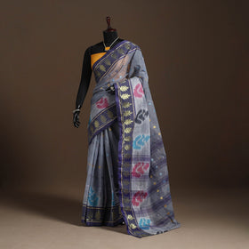 Grey - bengali tant saree with matching jewellery & blouse