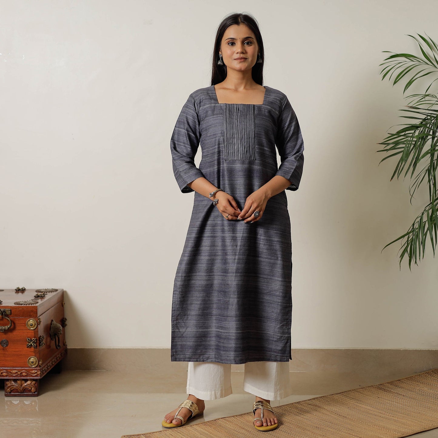 Grey - bhagalpuri handwoven desi tussar silk pintuck