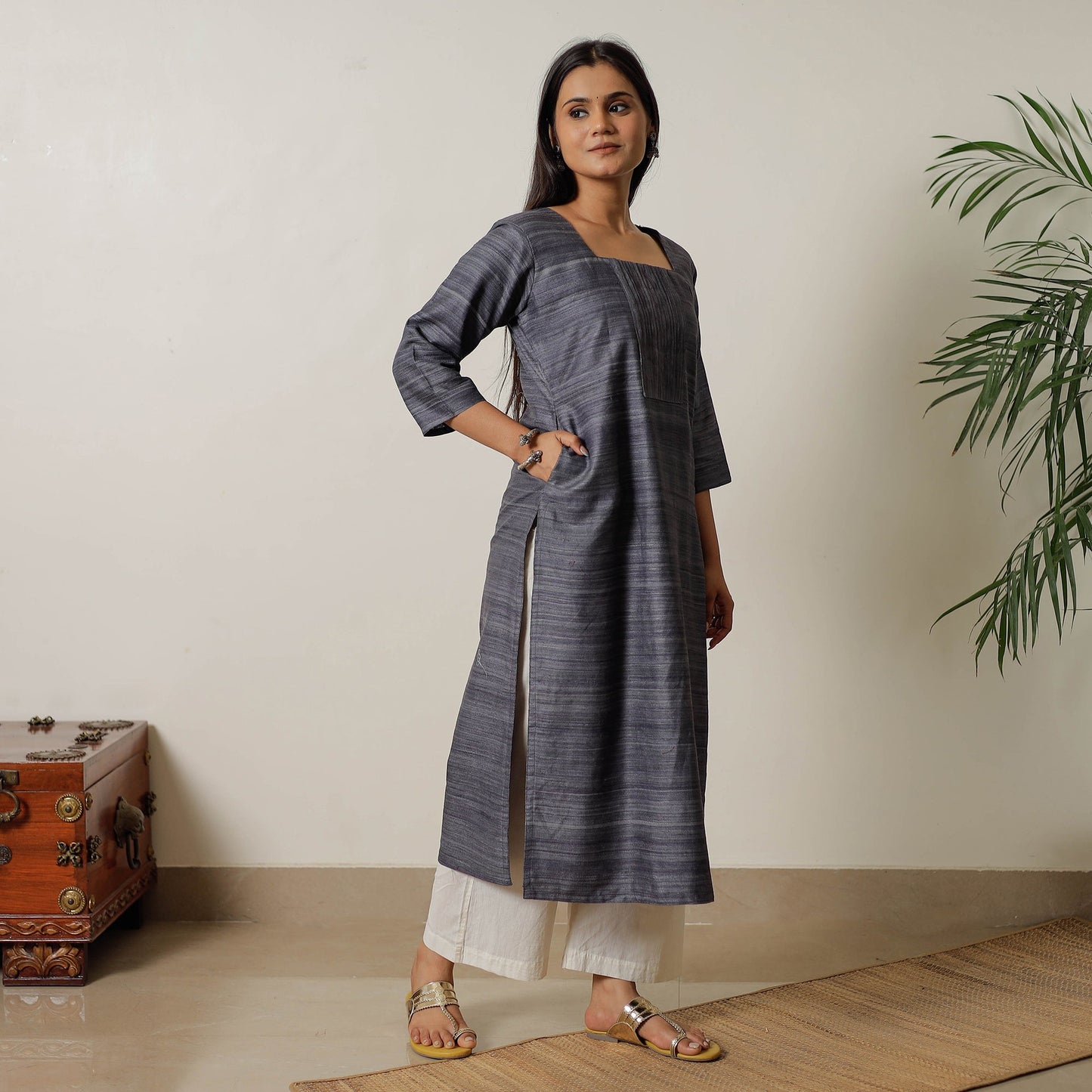 Grey - bhagalpuri handwoven desi tussar silk pintuck