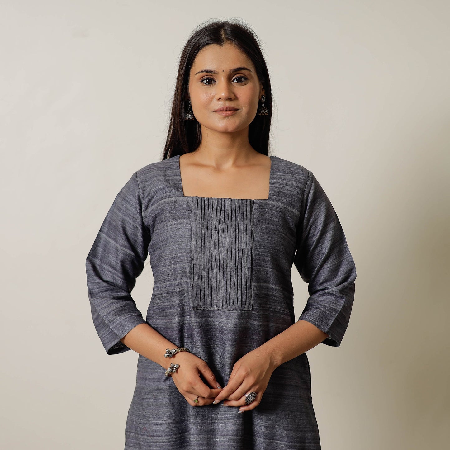 Grey - bhagalpuri handwoven desi tussar silk pintuck