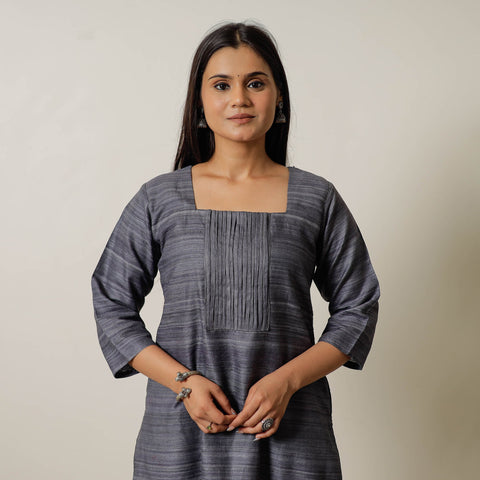 Grey - bhagalpuri handwoven desi tussar silk pintuck