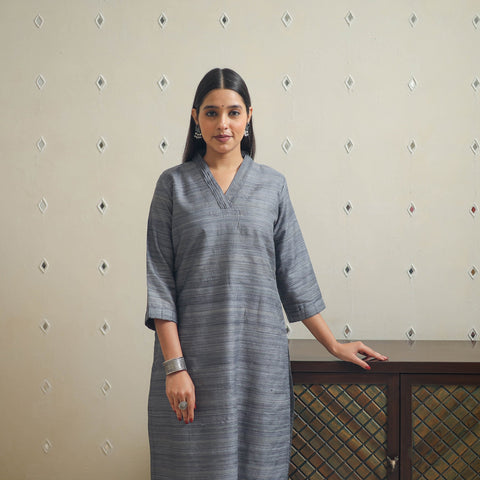 Grey Bhagalpuri Handwoven Desi Tussar Silk Plain Kurta for Women