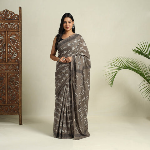 Buy Grey Bindaas Art Natural Dyed Cotton Block Print Saree