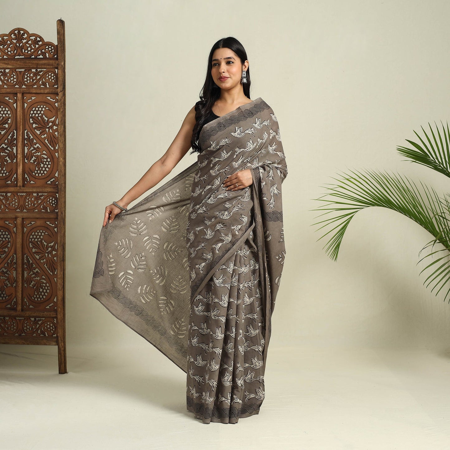 Buy Grey Bindaas Art Natural Dyed Cotton Block Print Saree