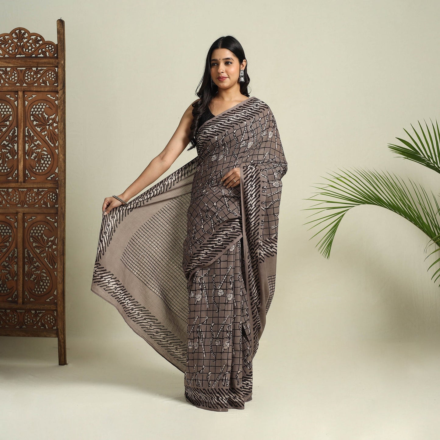 Buy Grey Bindaas Art Natural Dyed Cotton Block Print Saree