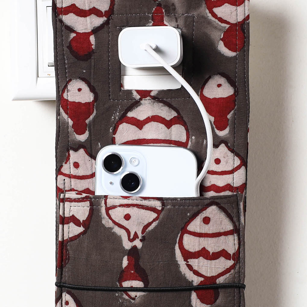 Grey Bindaas Block Printed Cotton Mobile Charging Holder 