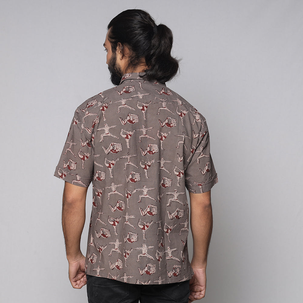 Grey - Bindaas Block Printed Natural Dyed Cotton Men Half Sleeve Shirt