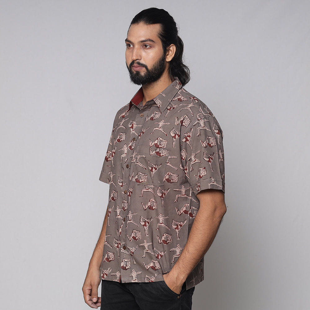 Grey - Bindaas Block Printed Natural Dyed Cotton Men Half Sleeve Shirt