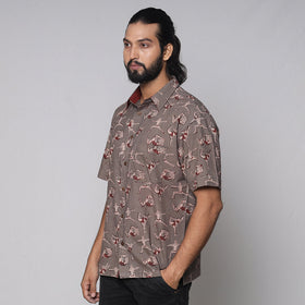 Grey - Bindaas Block Printed Natural Dyed Cotton Men Half Sleeve Shirt