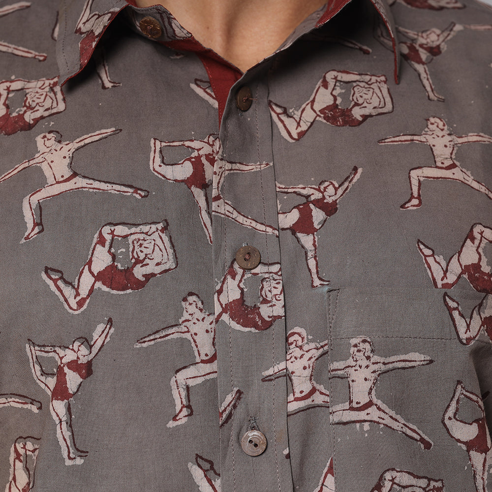 Grey - Bindaas Block Printed Natural Dyed Cotton Men Half Sleeve Shirt